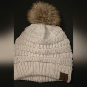 C.C Kids White Knit Beanie with Faux Fur Pom